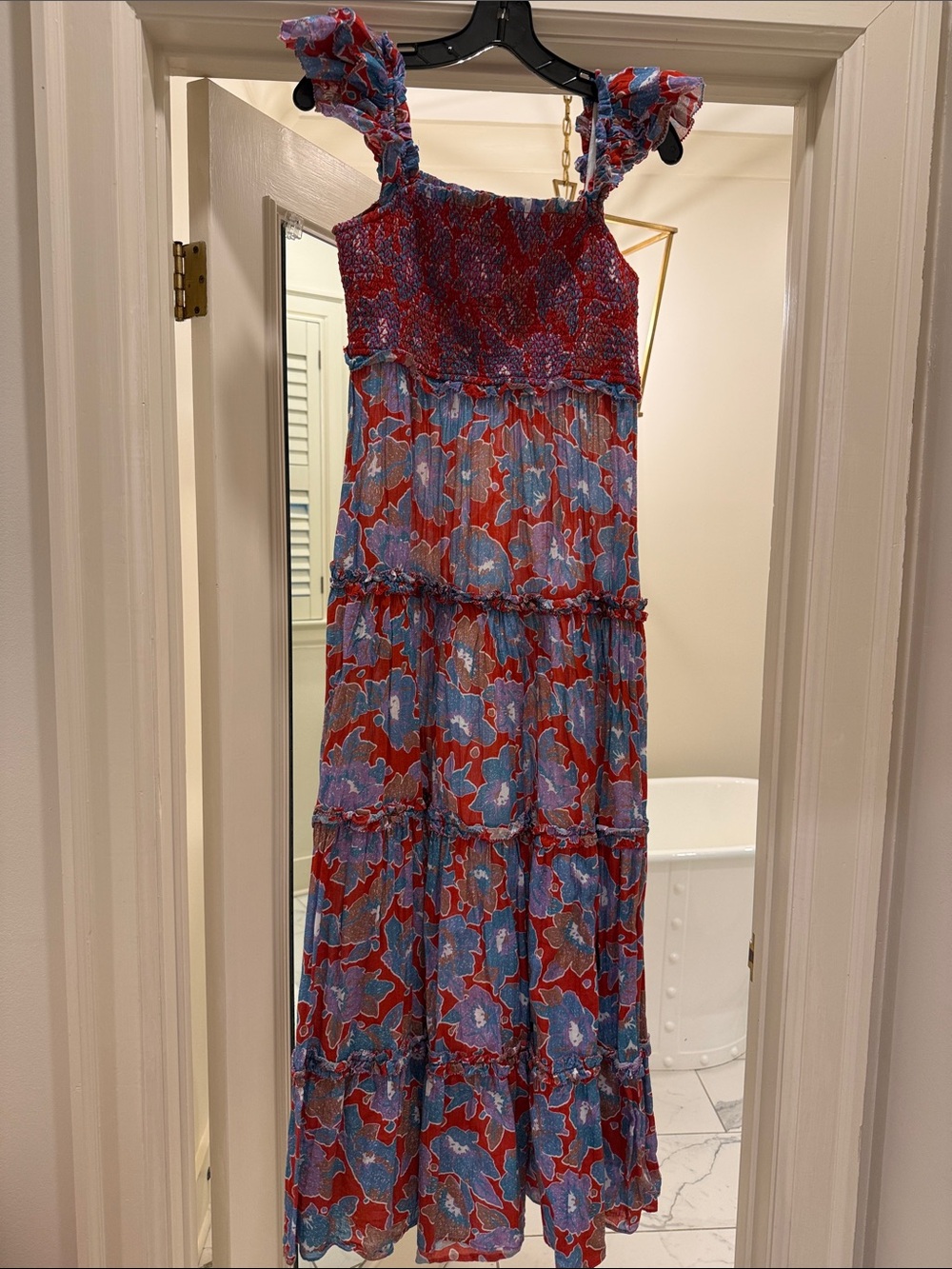 Love the label Smocked Bodice Red & Blue Floral Tiered Maxi Dress